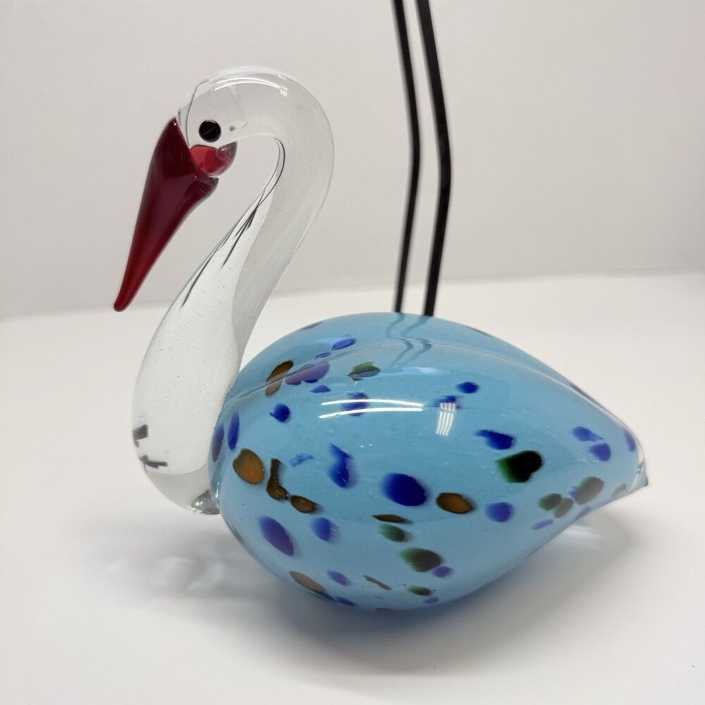 Hand Blown Murano Style Art Glass Turquoise Speckled Bird With Tall Metal Legs - Picture 5 of 10